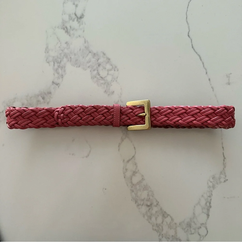Vintage Talbots Braided Leather Belt Solid Brass Square Buckle Gloss Pink M